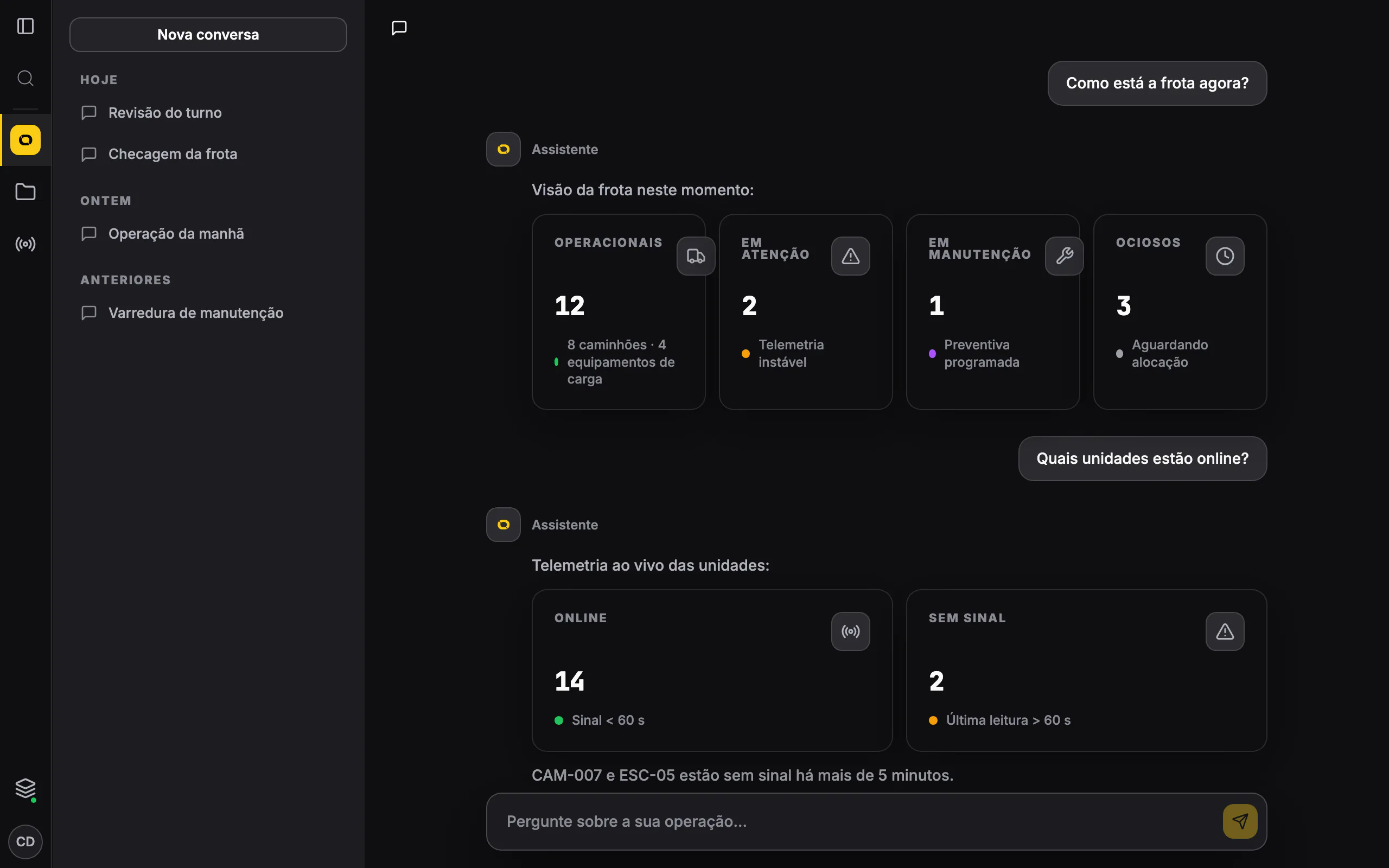 Mining Ops AI assistant answering about the state of the fleet