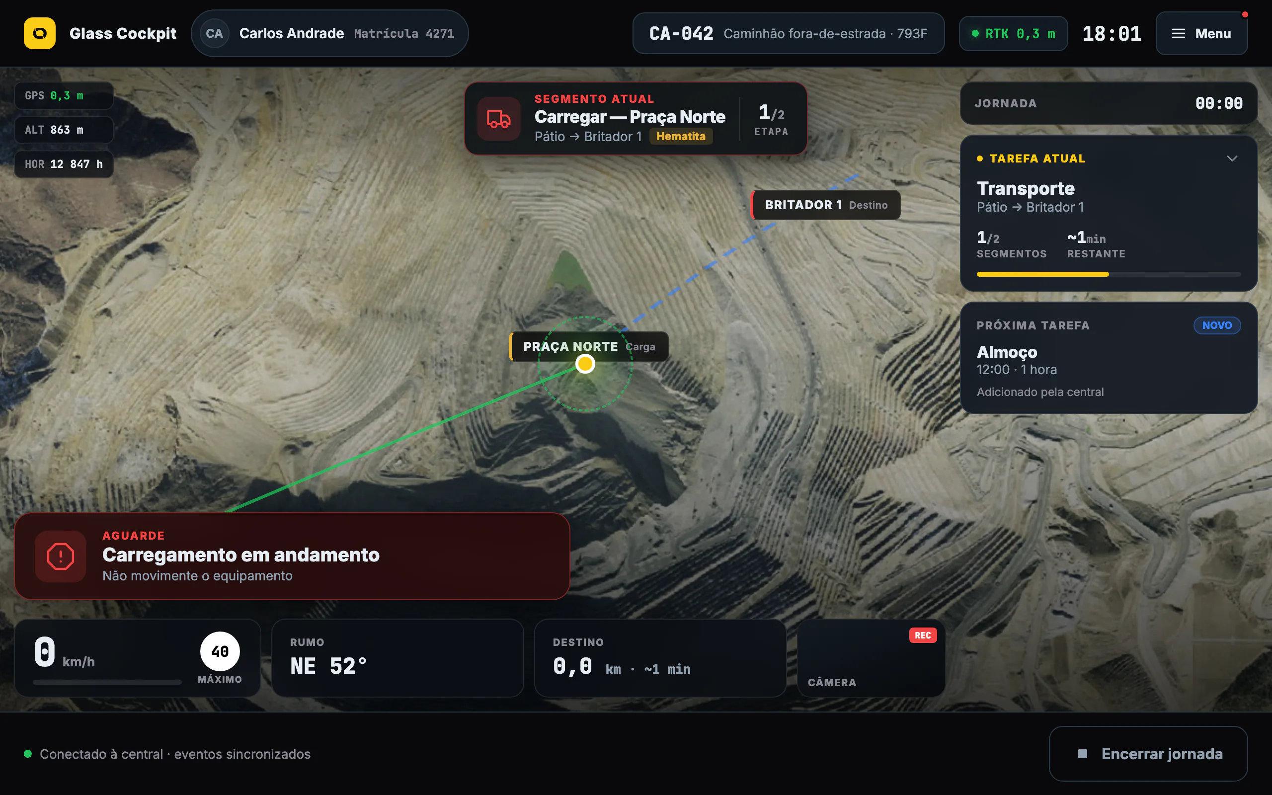 In-cab tablet showing the truck's current task and shift journey