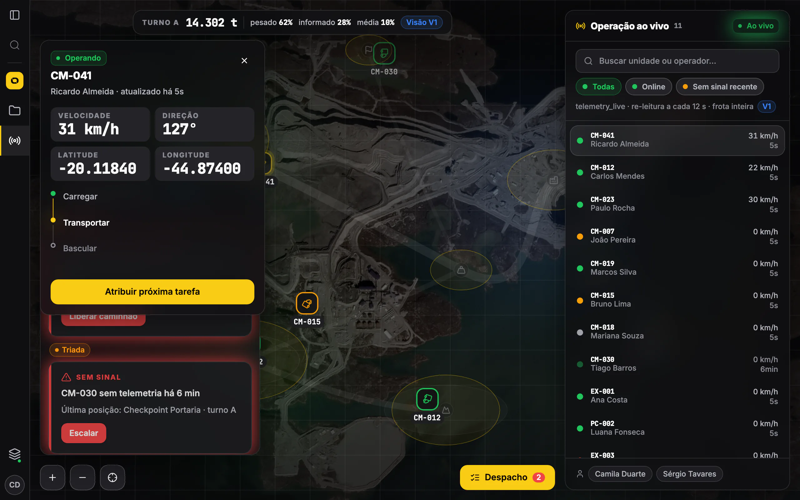 Mining Ops live map showing the fleet in real time